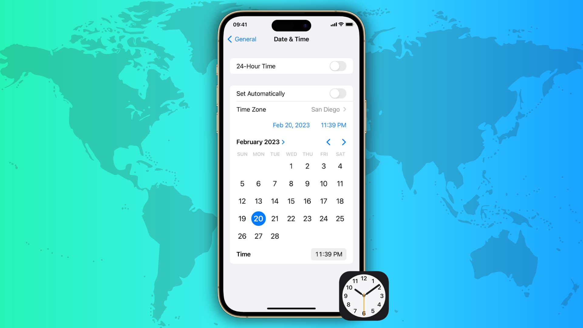 Illustration montrant un iPhone avec les paramètres de date, d'heure et de fuseau horaire sur son écran avec une carte du monde en arrière-plan
