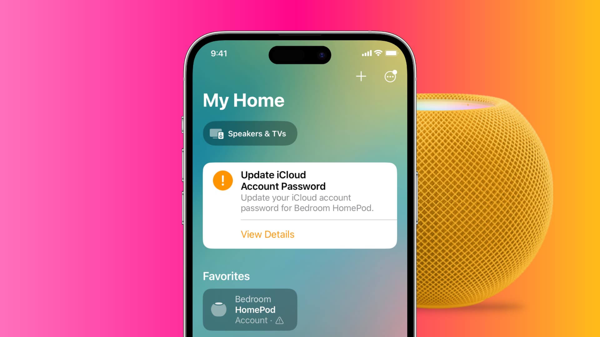 Application iPhone Home affichant une bannière de problème de mot de passe iCloud et Apple ID avec un HomePod en arrière-plan de l'image