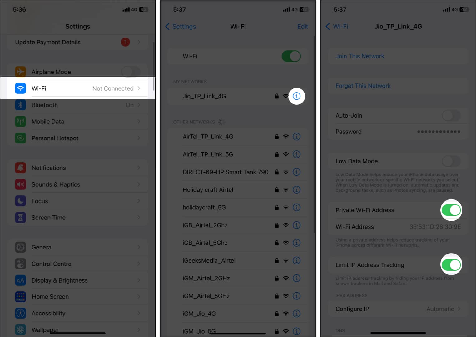 Modifier les paramètres de l'iPhone pour résoudre le problème d'avertissement de confidentialité Wi-Fi