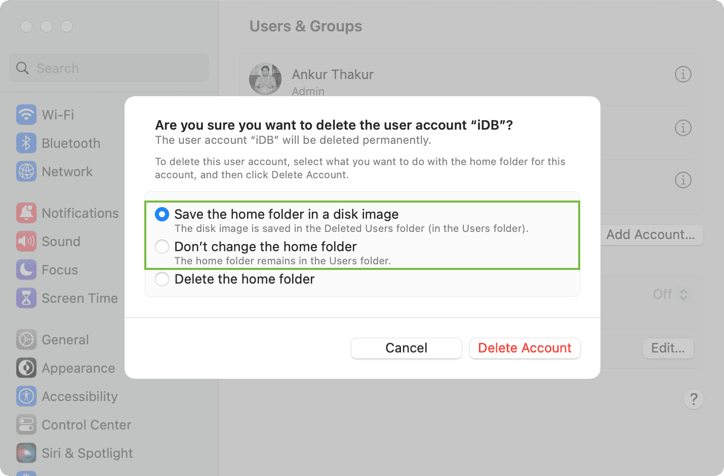 Enregistrer le dossier d'accueil de l'utilisateur avant de supprimer le compte sur Mac