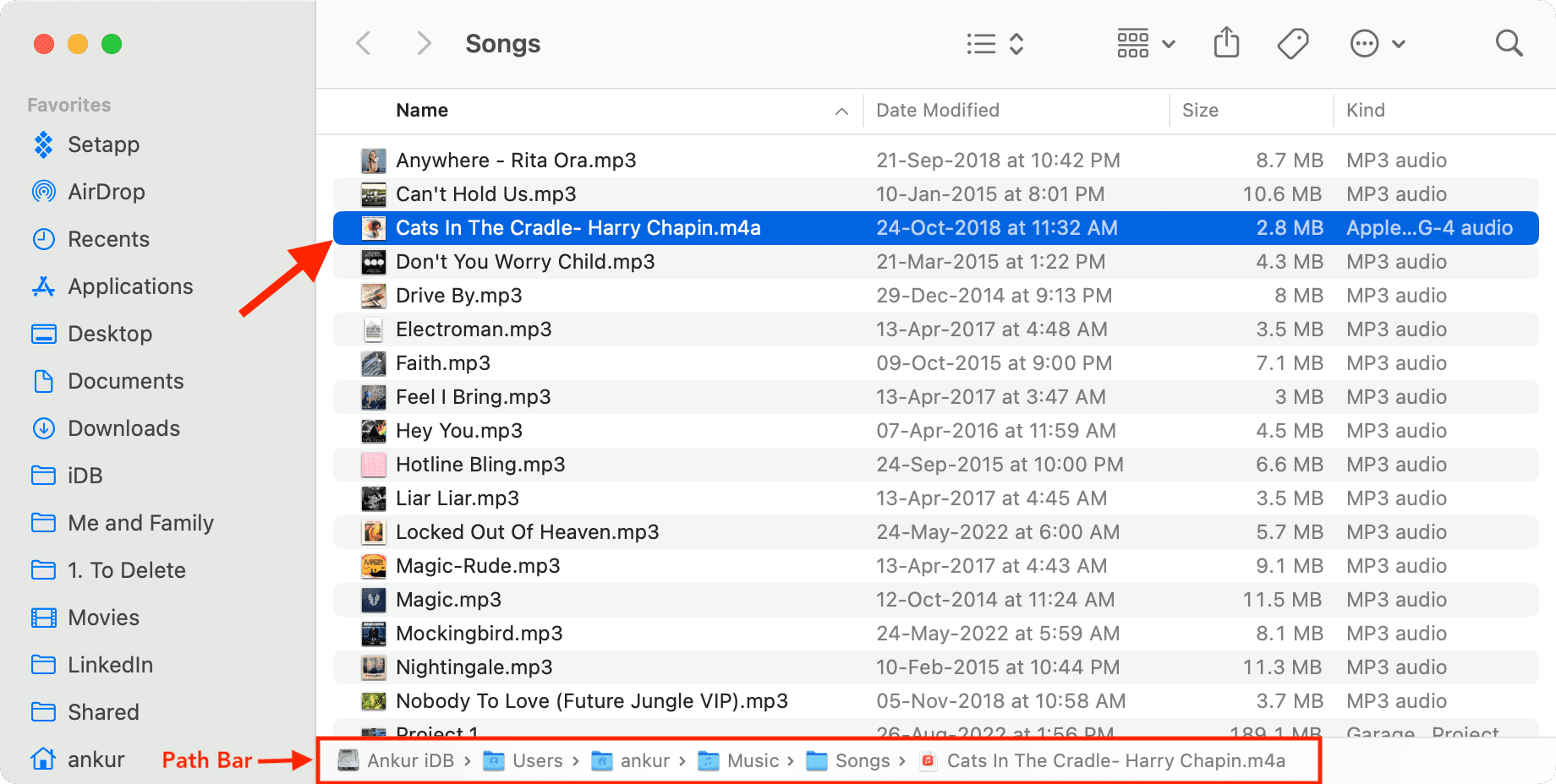 Dossier Finder indiquant où les chansons de l'application Musique sont enregistrées sur Mac