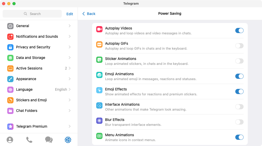 Réglage des effets visuels dans Telegram pour les paramètres de macOS