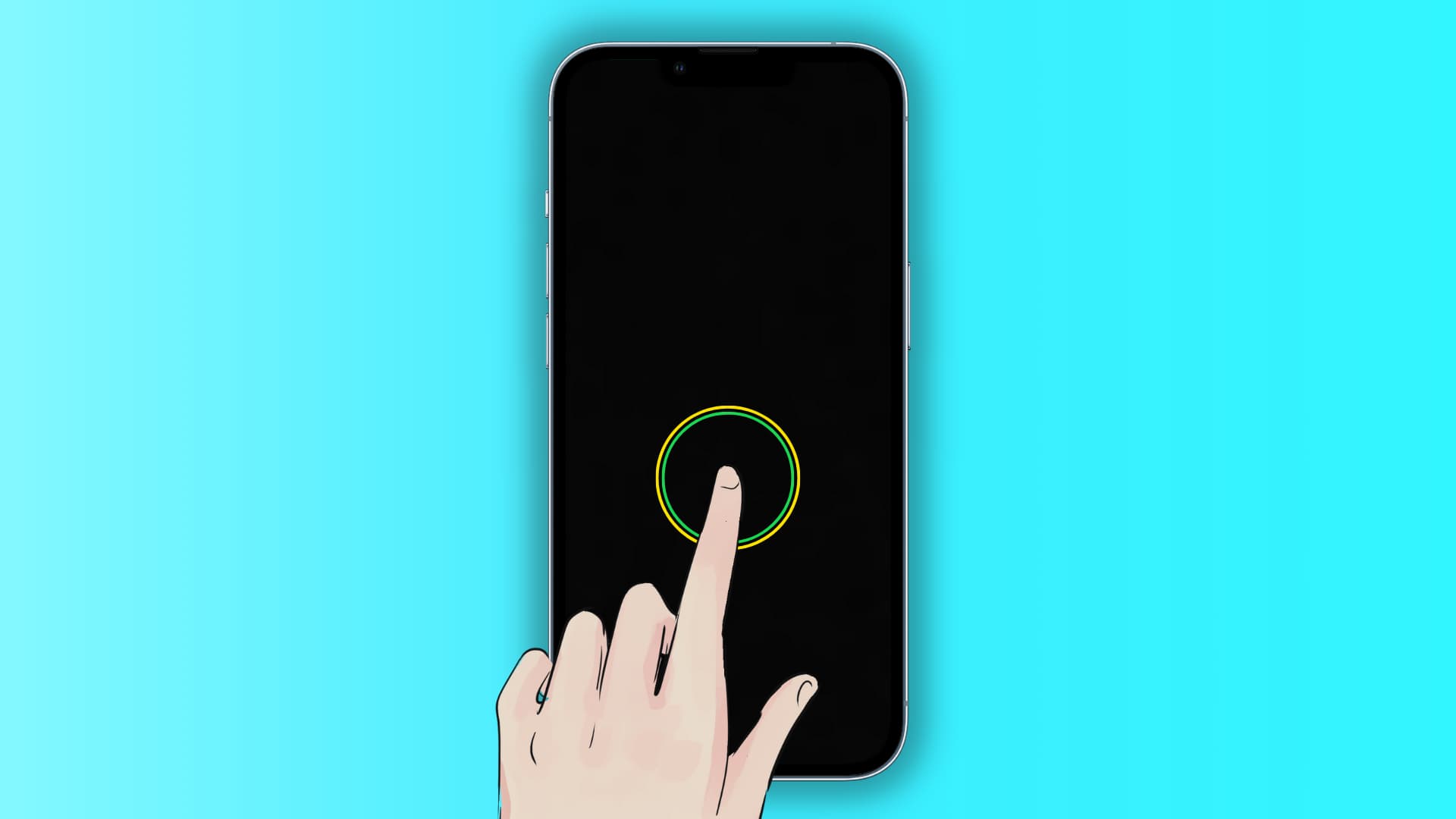 Illustration d'un iPhone verrouillé montrant l'écran de verrouillage noir et un doigt tapotant l'écran pour le réactiver