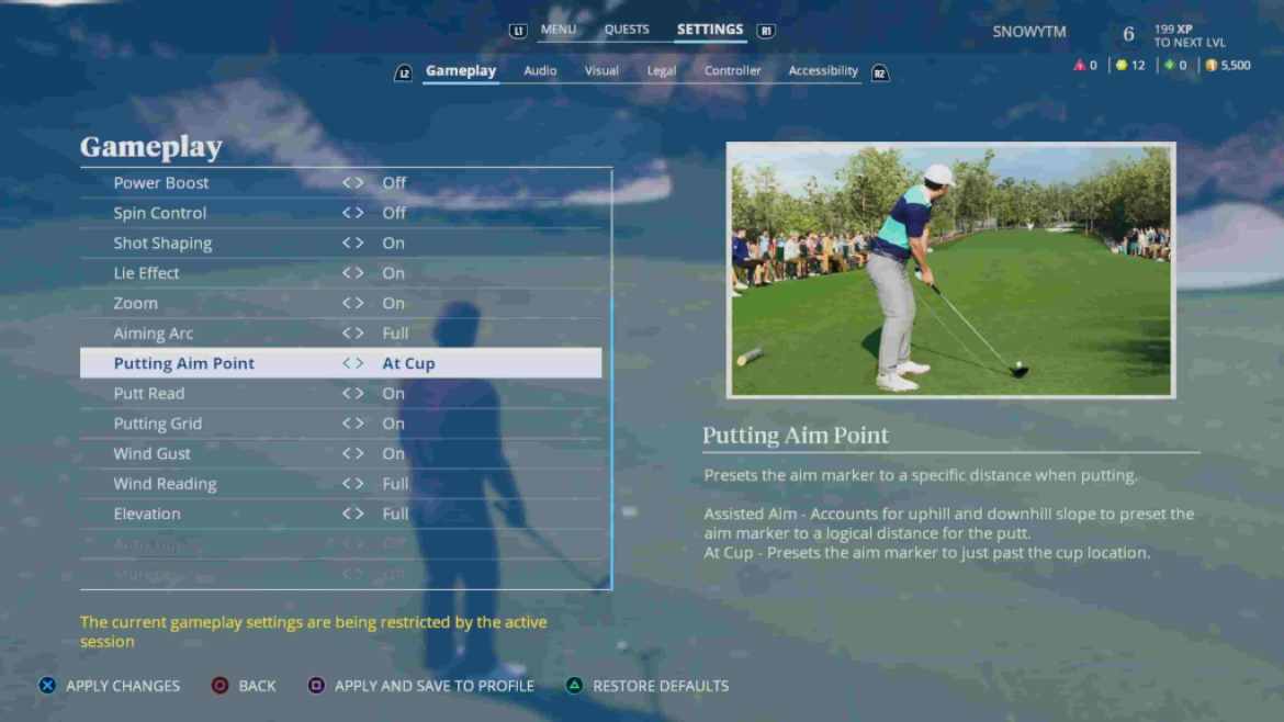 Tournée EA Sports PGA |  Menu Paramètres dans le jeu