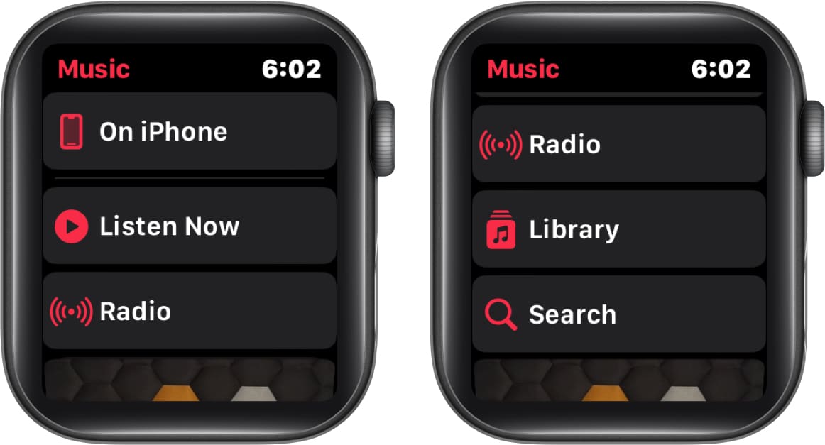 Menu de l'application Musique sur Apple Watch