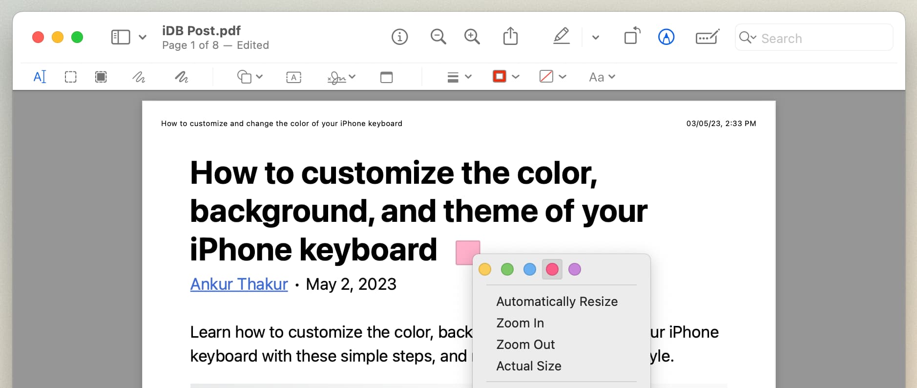 Changer la couleur de la note PDF dans Aperçu sur Mac