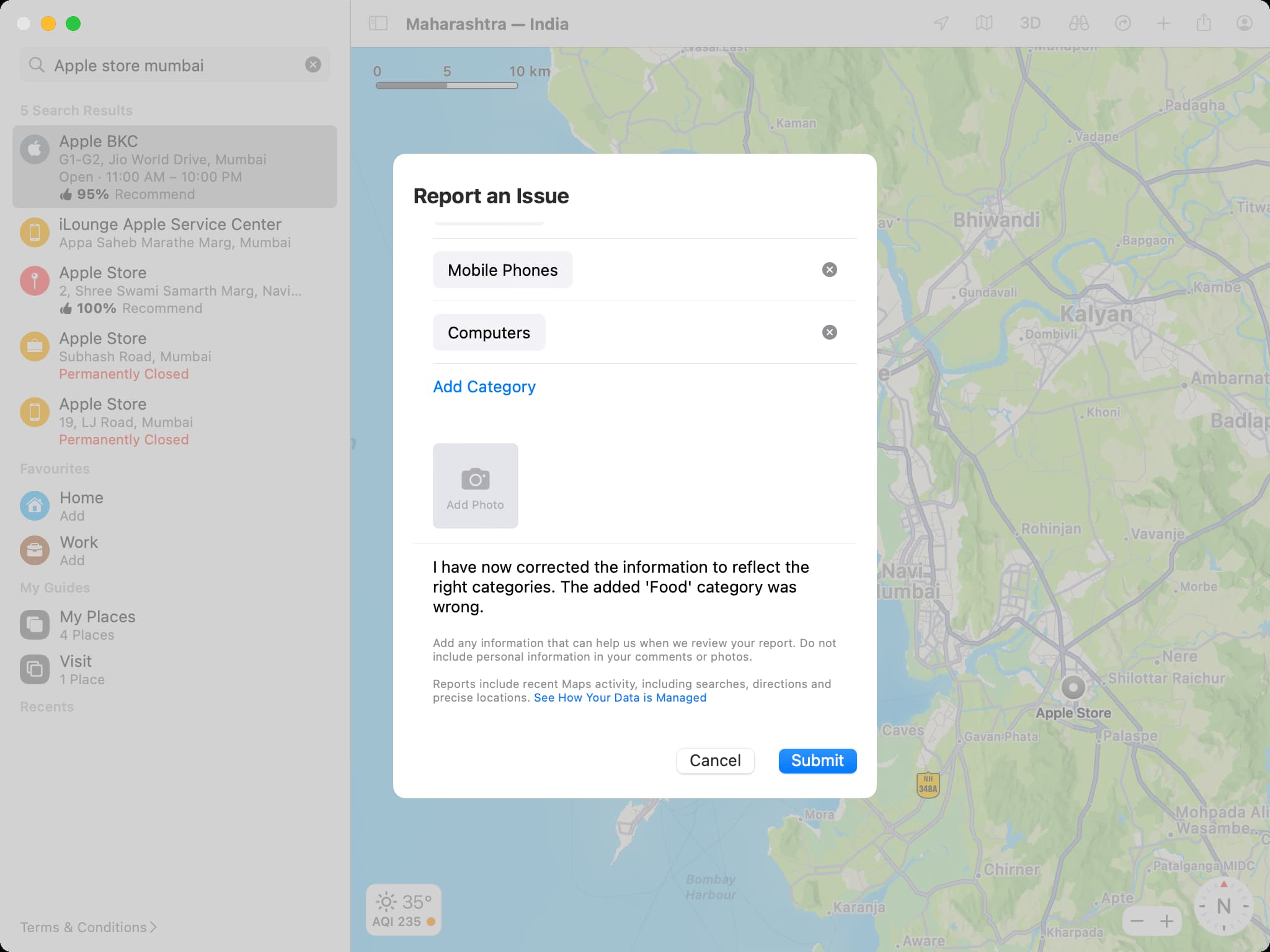 Soumettre un problème dans Apple Maps sur Mac