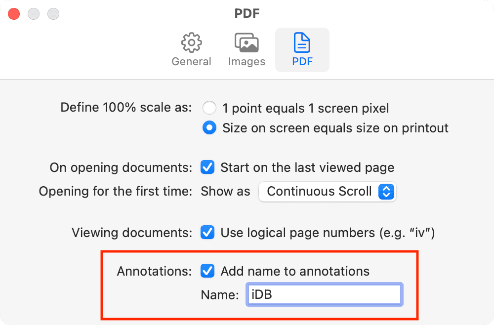Paramètres PDF dans Aperçu sur Mac