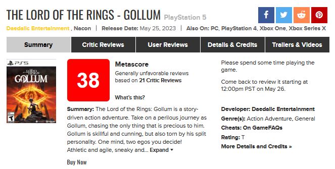 Le score de Gollum Metacritic du Seigneur des Anneaux devoile