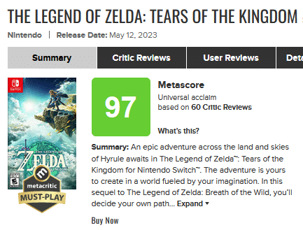 The Legend of Zelda Tears of the Kingdom Metacritic Score