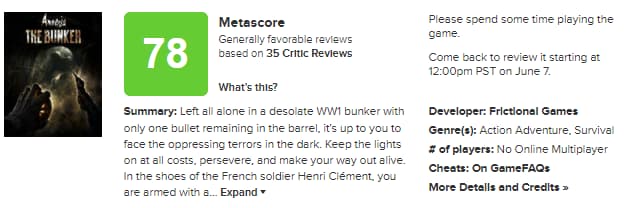 Amnesia le score de Bunker Metacritic revele