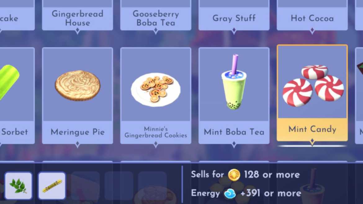 Liste des menus Bonbons à la menthe à Disney Dreamlight Valley