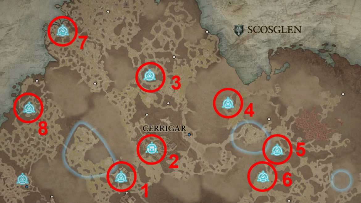 Carte de localisation des points de cheminement de Diablo 4 Scosglen