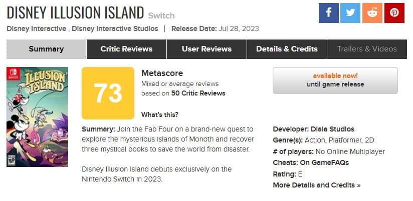 Disney Illusion Island Metacritic Score revele