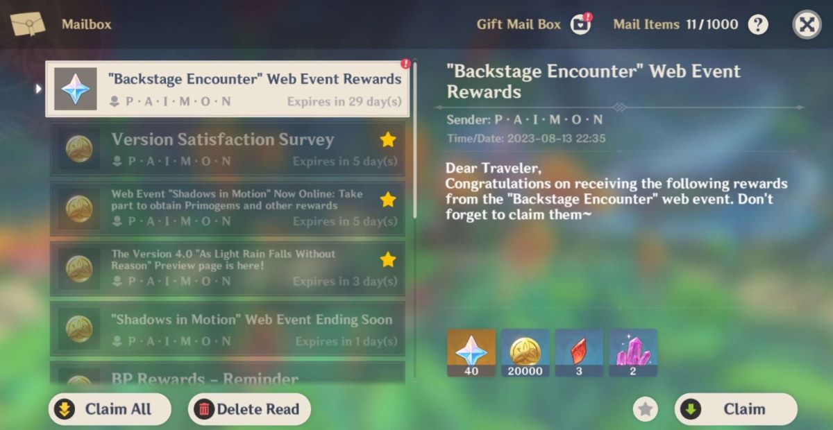 Guide devenements Web Backstage Encounter et recompenses dans Genshin Impact