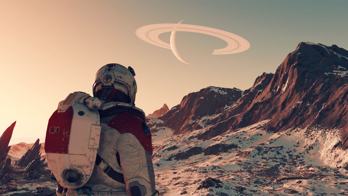 Une capture d’écran de Starfield montrant le joueur surplombant une grande montagne spatiale avec une planète au loin.