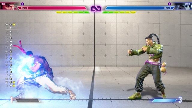Une capture d’écran de Ryu retardant son Super coup de niveau 2 contre Jamie dans Street Fighter 6.