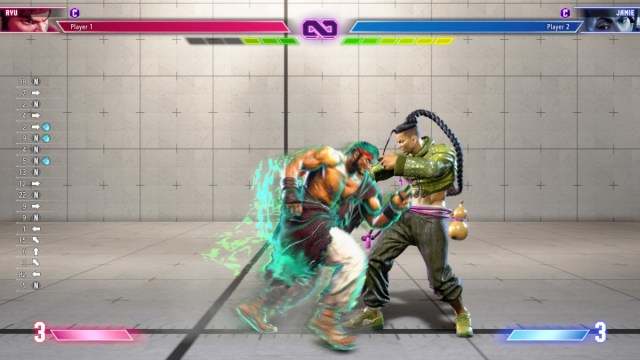 Une capture d’écran de Ryu effectuant un Drive Rush annulé vers Jamie dans Street Fighter 6.