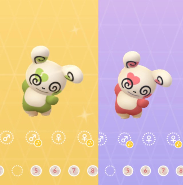 Une image de Spinda à motifs de cœur coloré brillant et régulier dans le Pokédex Pokémon GO.