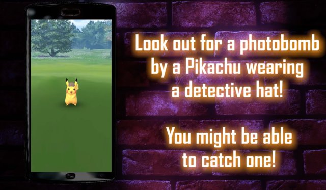 Une image d’une rencontre avec le détective Hat Pikachu dans Pokémon GO. À côté de la rencontre, il y a les mots: « Cherchez une bombe photo par un Pikachu portant un chapeau de détective! Vous pourriez peut-être en attraper un! »