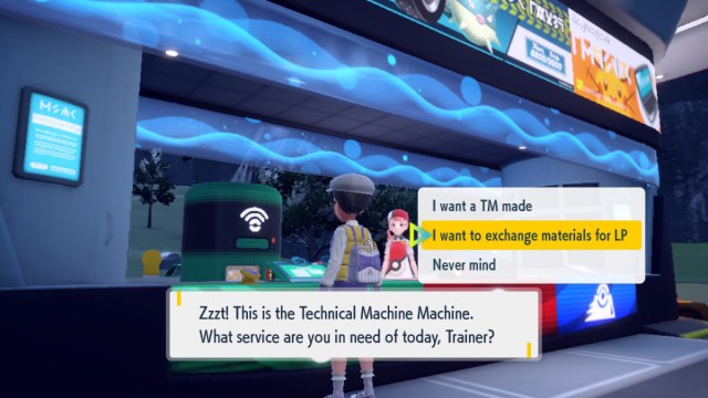 Une capture d’écran Pokémon Écarlate et Violette du joueur parlant à la Machine TM. L’option « Échanger des matériaux contre LP » est mise en évidence.