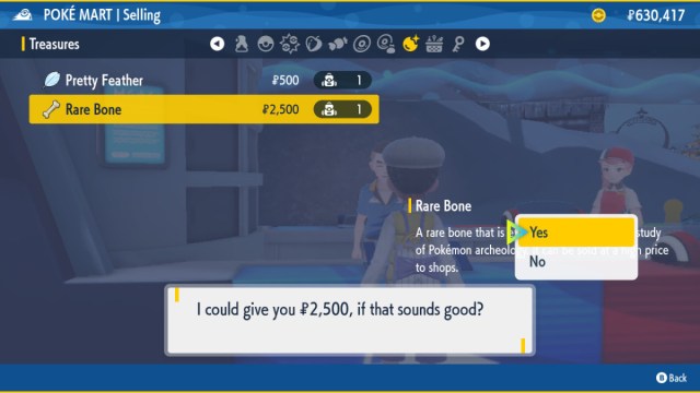 Une capture d’écran Pokémon Écarlate et Violette du joueur vendant des objets du menu Trésor au commis de Poké Mart.