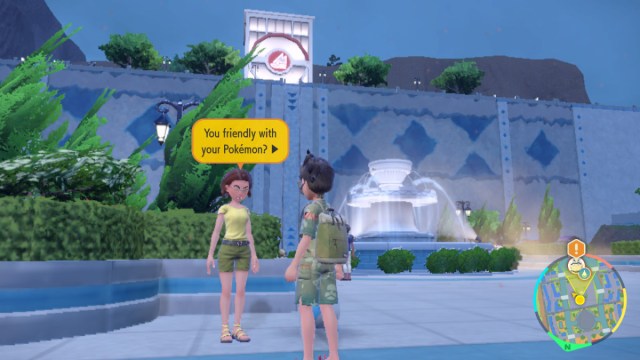 Une capture d’écran du joueur parlant au PNJ qui vérifie l’amitié Pokémon dans Écarlate et Violet.