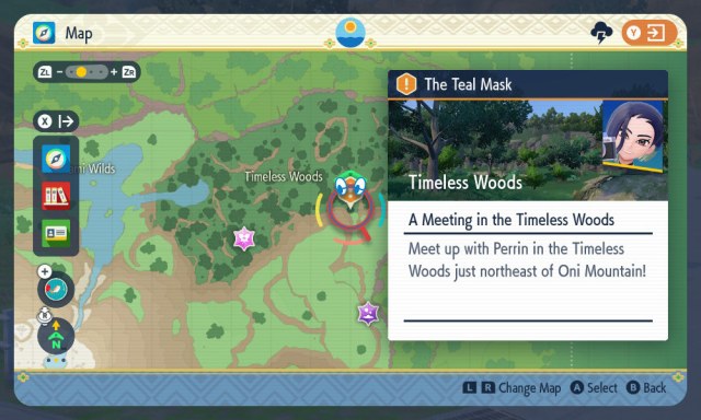 L’emplacement de la carte pour la sous-quête « Une réunion dans les bois intemporels » dans Pokémon Écarlate et Violet: Le masque sarcelle.