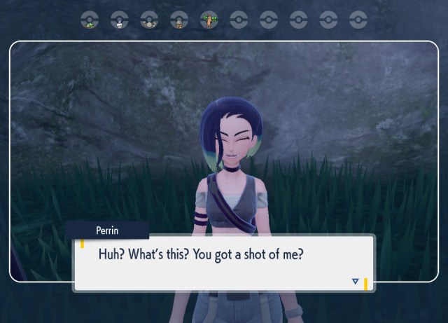 Une capture d’écran d’un dialogue unique lors de la prise d’une photo de Perrin dans Pokémon Scarlet & Violet: The Teal Mask subquest pour Bloodmoon Ursaluna.