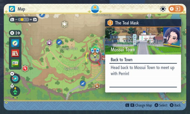 Une capture d’écran de l’emplacement de la carte de la destination finale de la sous-quête Ursaluna Bloodmoon dans Pokémon Scarlet et Violet: The Teal Mask.
