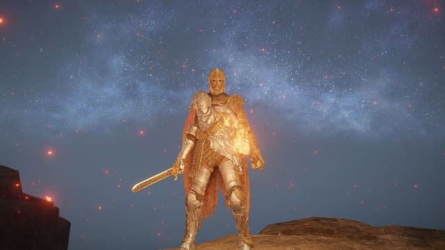 Elden Ring personnage joueur en armure jumelée tenant l’épée de nuit et de flamme