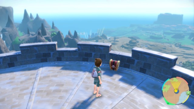 Personnage de joueur debout devant un coffre Gimmighoul au sommet d’une tour de guet dans Pokemon Scarlet.
