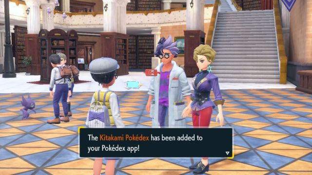 Une capture d’écran du joueur recevant le Pokédex Kitakami dans Pokémon Écarlate et Violet: Le Masque Sarcelle.