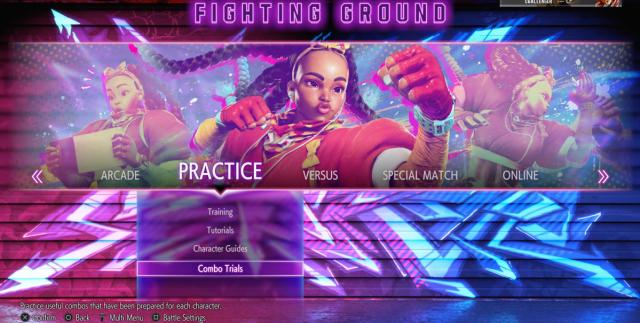 Une capture d’écran du menu d’entraînement dans Street Fighter 6, avec les épreuves combo mises en évidence.