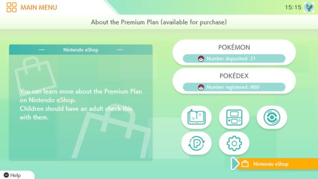 Une capture d’écran de l’écran du menu principal de Pokémon HOME. La touche Nintendo eShop est sélectionnée.