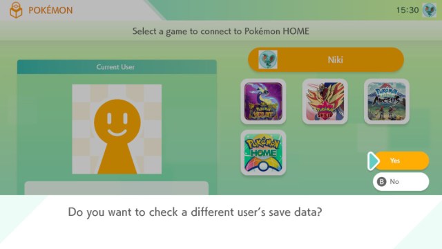 Une capture d’écran Pokémon HOME du menu pour changer d’utilisateur.