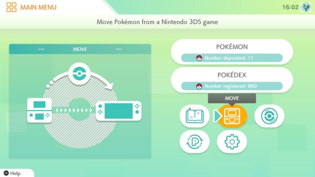 Une capture d’écran de Pokémon HOME avec l’option « Déplacer » mise en surbrillance.