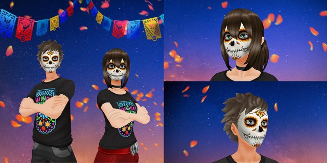 Image de joueurs portant le maillot du Día de Muertos et de la peinture faciale dans Pokémon GO.