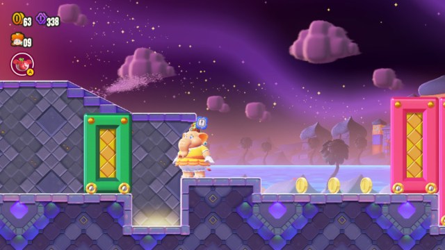 Une capture d’écran de Super Mario Bros. Wonder d’Elephant Daisy à côté de la sortie secrète du manoir Secrets of Shova.