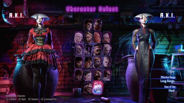 Une capture d’écran de l’écran de sélection du personnage de Street Fighter 6 avec A.K.I. dans son costume 2 à gauche et son costume 1 à droite.