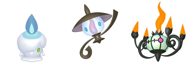 Images officielles de Pokémon HOME de Litwick, Lampent et Chandelure brillants.