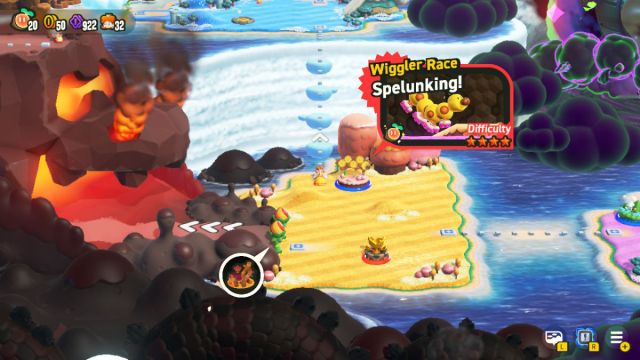 Une capture d’écran de Super Mario Bros. Wonder de la Wiggler Race : Spéléologie ! étape dans les îles des Pétales.