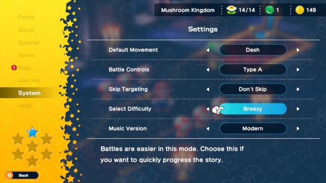 Une capture d’écran des options de paramètres de Super Mario RPG, avec le curseur sur « Difficulté ».