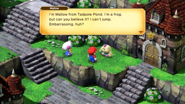 Une capture d’écran de Super Mario RPG de Mallow parlant à Mario.