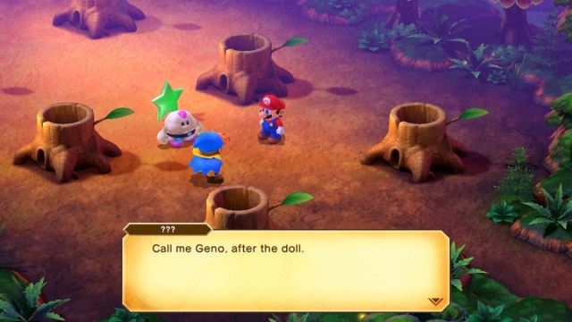 Une capture d’écran de Super Mario RPG de Geno rejoignant la fête. Le dialogue de Geno se lit comme suit : "Appelez-moi Geno, d’après la poupée."