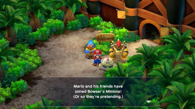 Une capture d’écran de Super Mario RPG de Mario, Mallow, Geno et Bowser à l’extérieur de la tour Booster.