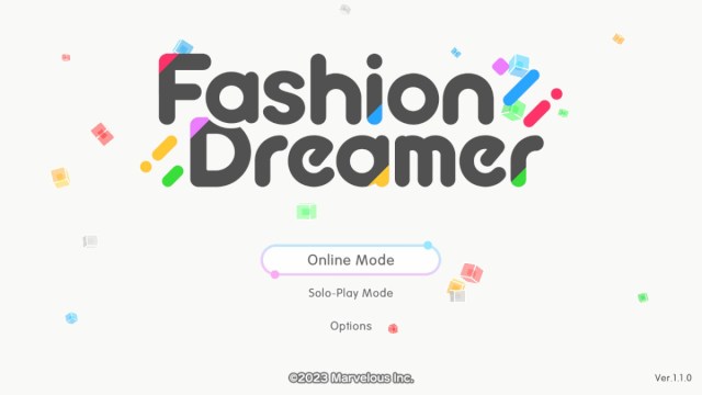 Une capture d’écran de l’écran titre de Fashion Dreamer. L’option Mode en ligne est sélectionnée.