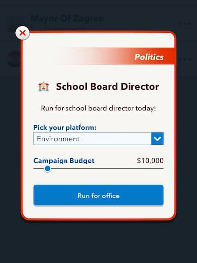 Capture d’écran BitLife de l’option de candidature au poste de directeur d’un conseil scolaire