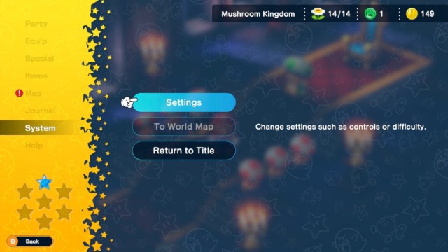 Une capture d’écran de Super Mario RPG du menu de pause principal. Le curseur est mis en surbrillance sur « Paramètres » sous « Système ».