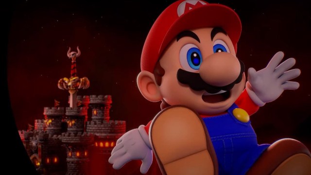 Une capture d’écran de Super Mario RPG de Mario catapulté hors du donjon de Bowser.